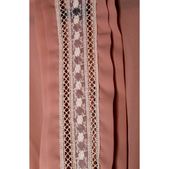 Vintage 80s Prairie Style Core Dress Coral Pink Lantern Sleeve Mock Collar - Picture 6 of 15